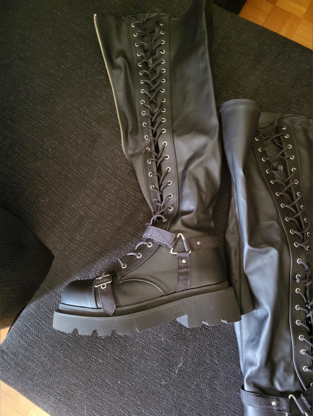 Demonia Black Lace-Up Knee-High Combat Boots
